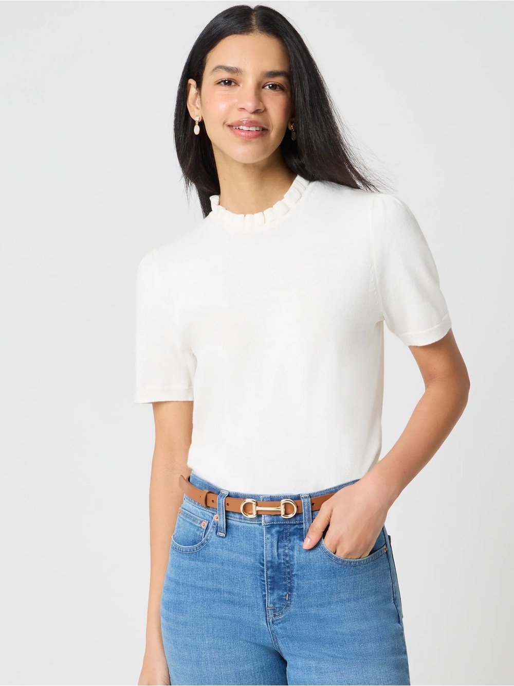 J Crew Factory Short-sleeve cotton ruffleneck sweater